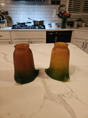 Vintage Frosted Glass Tulip Lamp Shades Yellow Green 6" Long